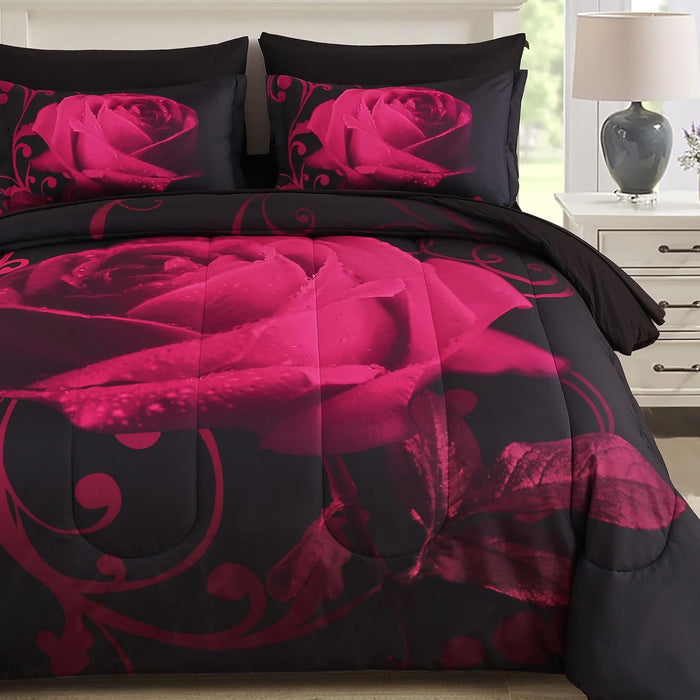WONGS BEDDING Purple Comforter Set Queen, Reversible Purple Rose 7 Pieces Bed in a Bag, Lightweight Soft Microfiber Bedding Sets with Flat Sheet, Fitted Sheet, Pillowcases & Shams