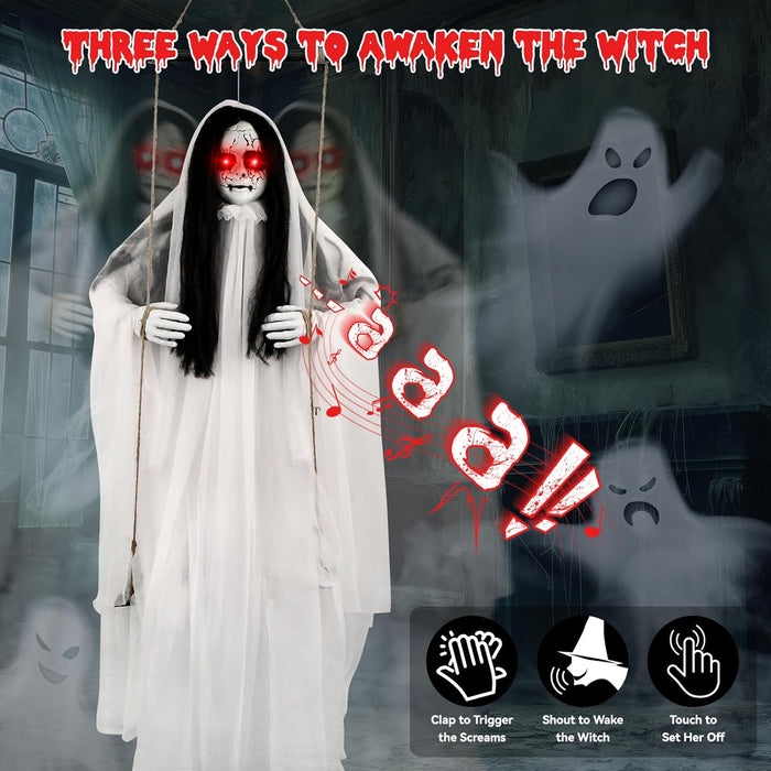 Scary Halloween Decorations Outdoor, Hanging Swinging Girl with Sound & Slap Activated, Light Up Eyes, Creepy Expression, 6.2FT Halloween Decor for Indoor Outdoor Haunted House