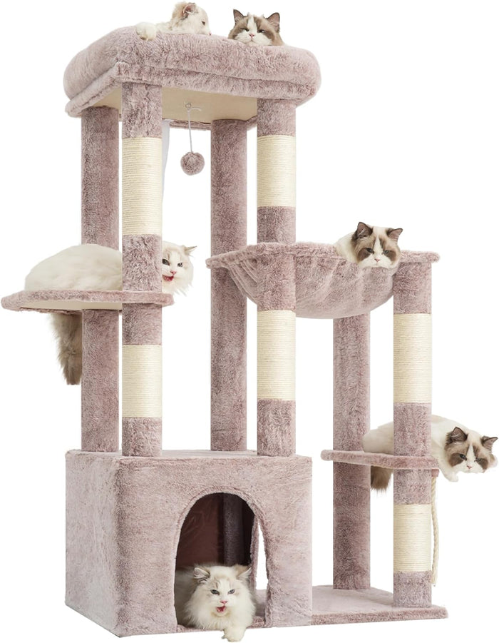 Heybly Cat Tree, 71-Inch Tall Cat Tower for Large Maine Coon Cats with Extra-Large Baseboard, Cat Condo Furniture with Multi-Level Platforms, 2 Hammocks and 12 Scratching Posts, Smoky Gray HCT037G