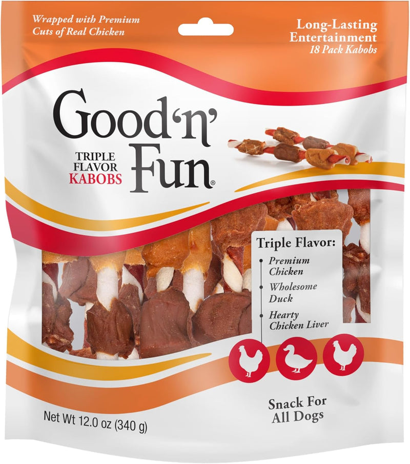 Good ‘n’ Fun Triple Flavor Kabobs Chews for All Dogs, 24 Ounces, Treat Your Dog to Chews Made from Beef Hide, Real Chicken, Pork Hide, Duck and Chicken Liver