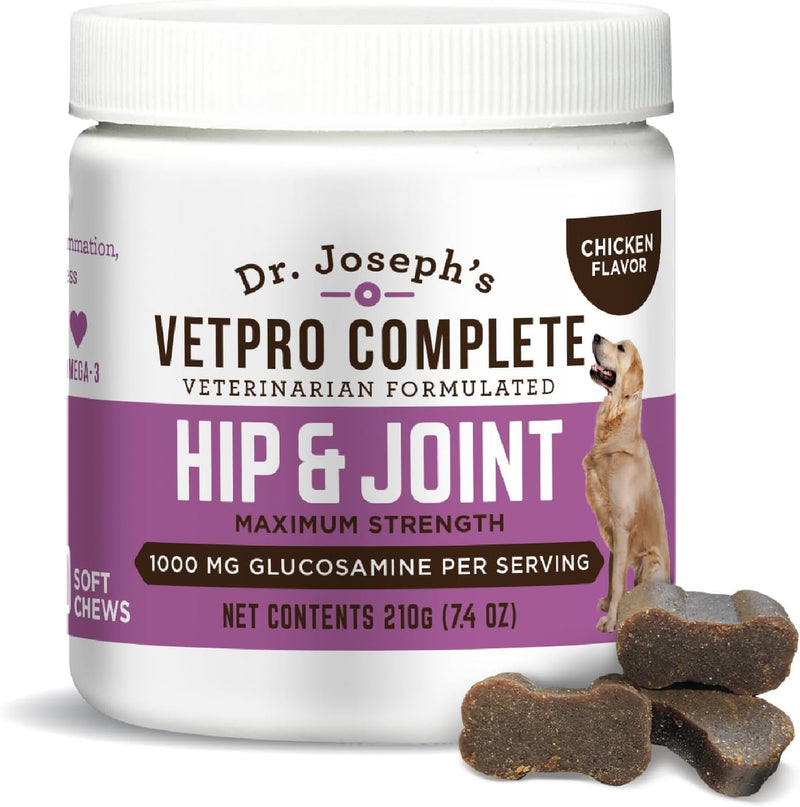 VetPro Complete Dr. Joseph's Peanut Butter Hip and Joint Dog Chews, 60 Count, Pain and Inflammation Relief with Glucosamine, Chondroitin, MSM, Turmeric, Vitamin C, Omega 3, Treats Hip Dysplasia