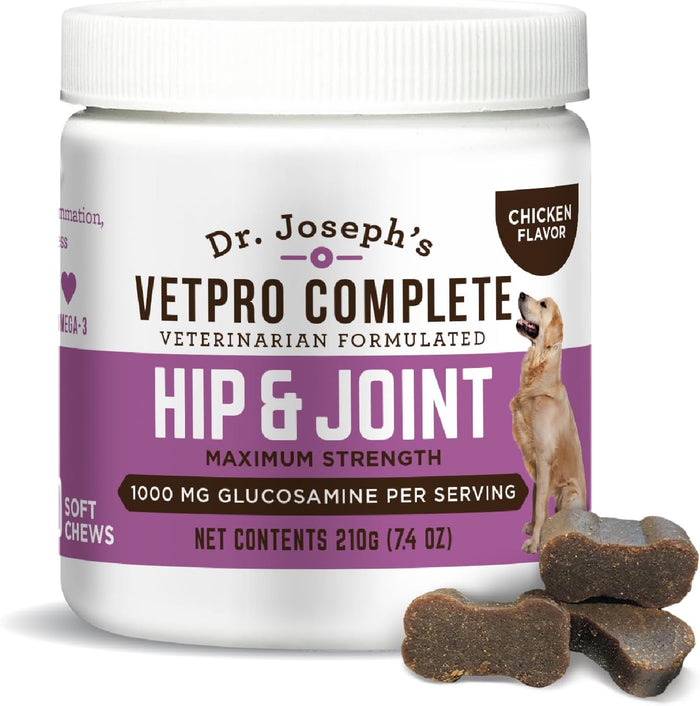 VetPro Complete Dr. Joseph's Peanut Butter Hip and Joint Dog Chews, 60 Count, Pain and Inflammation Relief with Glucosamine, Chondroitin, MSM, Turmeric, Vitamin C, Omega 3, Treats Hip Dysplasia