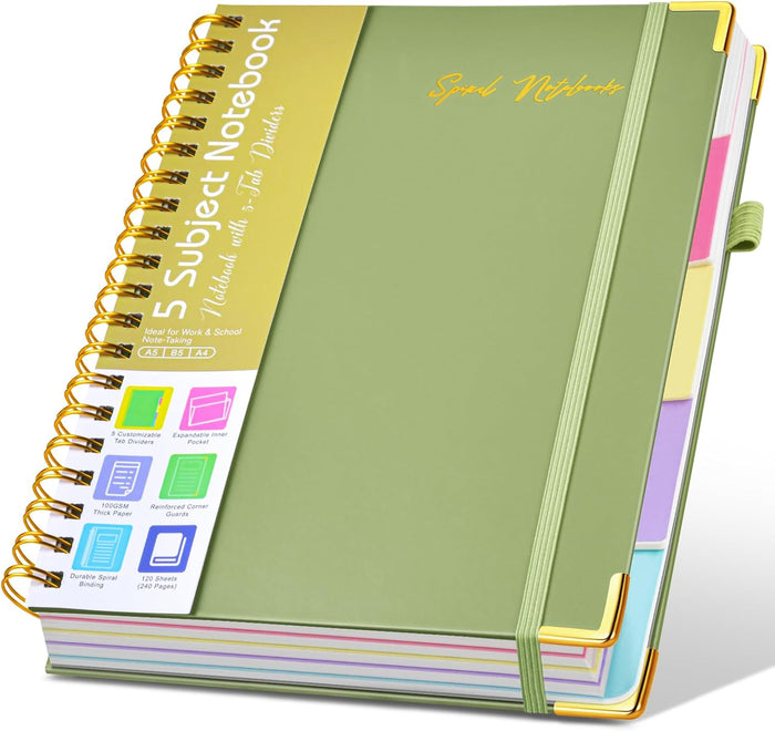 Hardcover Spiral Notebooks for Work, 5 Subject Notebook College Ruled with Dividers Tabs, Lined Organizer Notebook Journal for Women, 8"x10" Large B5 Notebooks for School Note Taking, 240 Pages Green