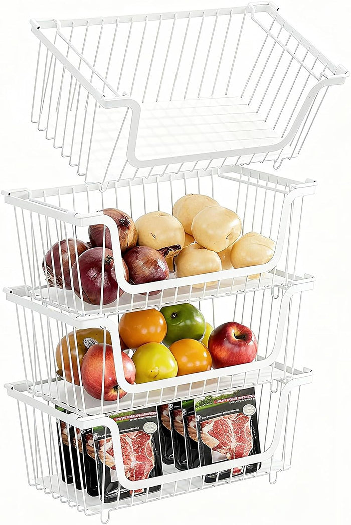 4 Pcs Stackable Wire Baskets for Pantry Organizers and Storage,Vegetable Fruit Basket for Countertop,Kitchen Storage Metal Baskets,Produce Potato Onion Storage Bin,Black