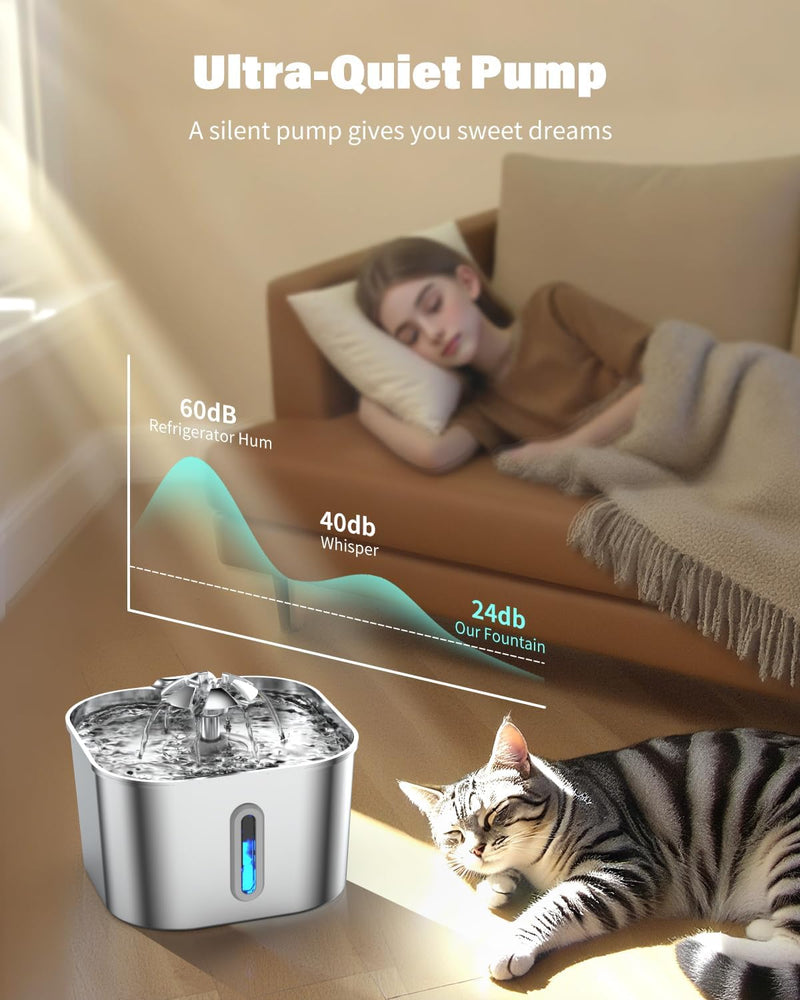 Cat Water Fountain Stainless Steel, 74oz/2.2L Automatic Quiet Cat Drinking Fountain, Indoor Water Dispenser for Cats, Kittens, Small Dogs and Pets, Circulating Pet Water Fountain