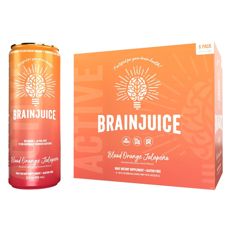 Brainjuice Brain Health Support Drink for Energy & Focus, Vitamin C, B5, B6 & B12, L Theanine, Alpha GPC & Natural Caffeine From Green Tea, Vegan, Gluten Free, Strawberry Lemonade, 12 Oz Can, 6 Pack