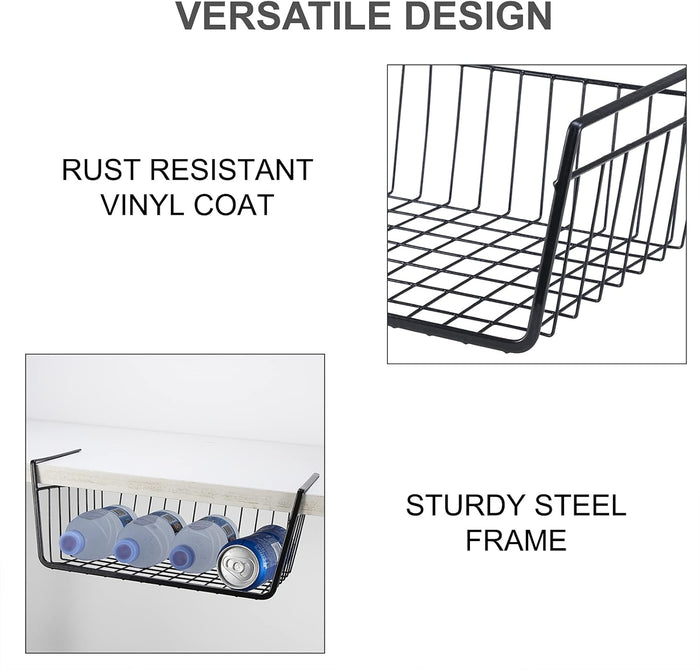 Undershelf Storage Basket Under Shelf Wire Basket Household Metal Under Shelf Hanging Storage Bin Basket Slides Under Shelves for Storage Space Saving for Kitchen Pantry Bookshelf