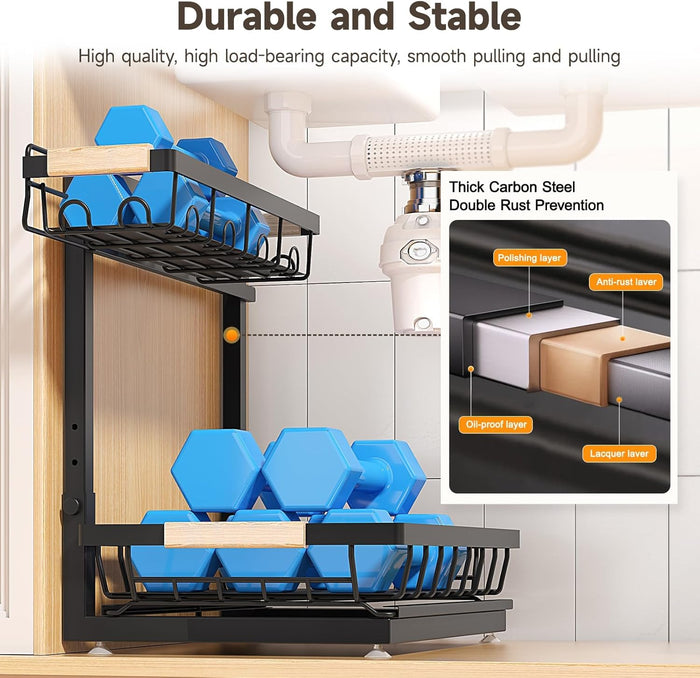 2 Packs Under Sink Organizer, High Adjustable 2 Tier Under Kitchen sink organizer, Multi-Purpose Storage Shelf for Kitchen Bathroom Cabinet (Black)