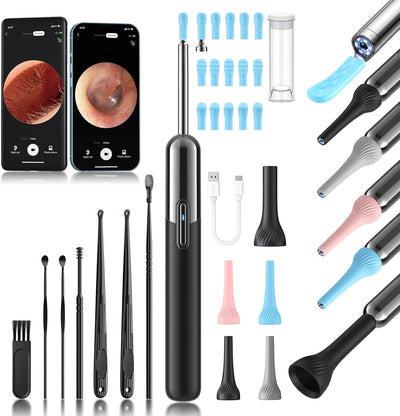 Ear Wax Removal Tool Camera - 3 in 1 Wireless WiFi Rechargeable Ear Cleaner with Camera, 1080P HD Ear Camera & 7 Pcs Ear Set, Ear Cleaning Kit with 15 Replacement Tips, Black