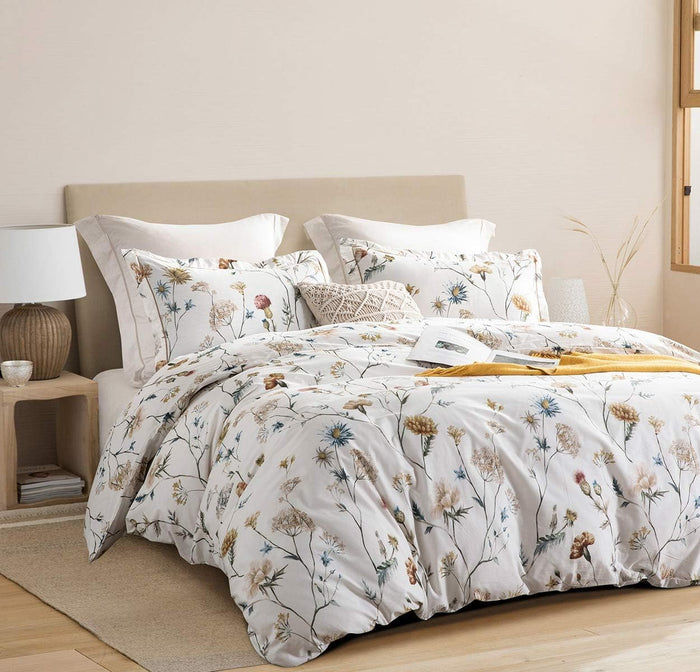 SLEEPBELLA Cotton King Size Comforter, 600 Thread Count Cotton White Printed with Blue & Blush Flowers Cotton Comforter Set,Down Alternative Bedding Set 3Pcs(King, White Floral)