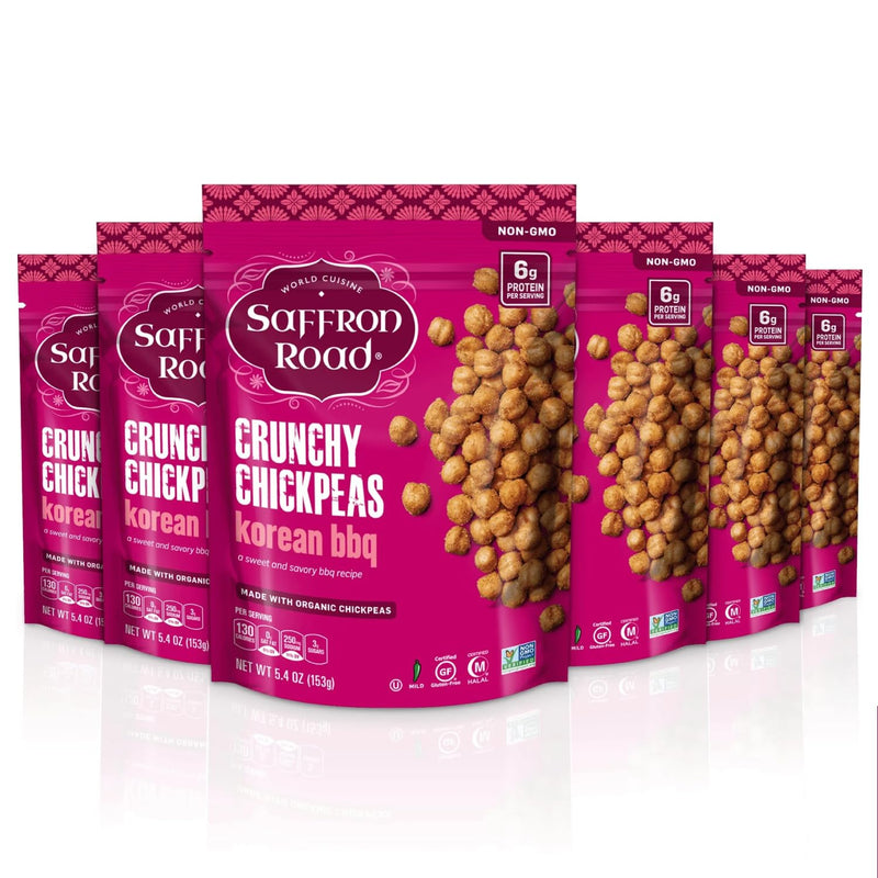 Saffron Road Roasted and Crunchy Sea Salt Chickpeas | High Protein Snacks | Certified Organic, Gluten-free, Vegan, Non-GMO, and Certified Halal and Kosher | 5.4oz Pouch | Pack of 6