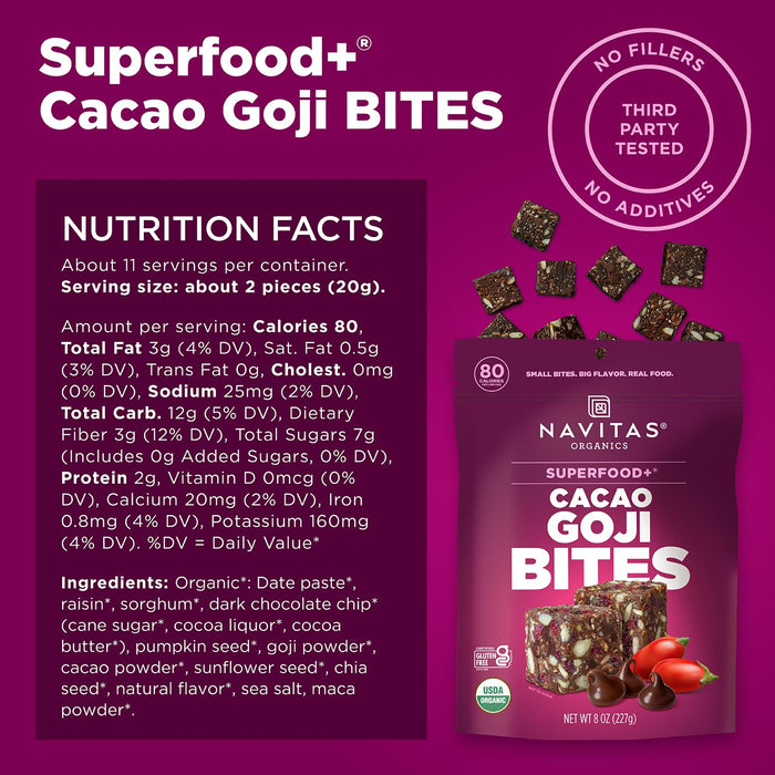 Navitas Organics Superfood Power Snacks, Cacao Goji, 8 oz. Bag, 11 Servings — Organic, Non-GMO, Gluten-Free
