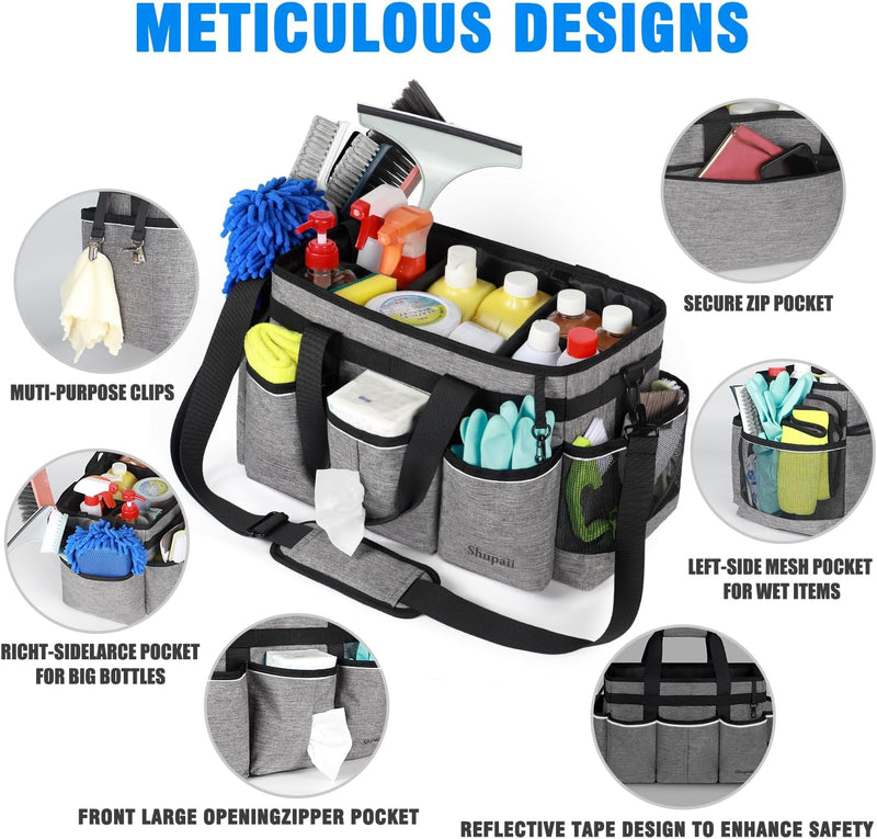Large Wearable Cleaning Caddy Bag, Cleaning Caddy Supplies Organizer with Handles for Cleaners & Housekeeper, Under Sink & Car Cleaning Tool Organizers Bag with Adjustable Shoulder Strap&Waist Belt