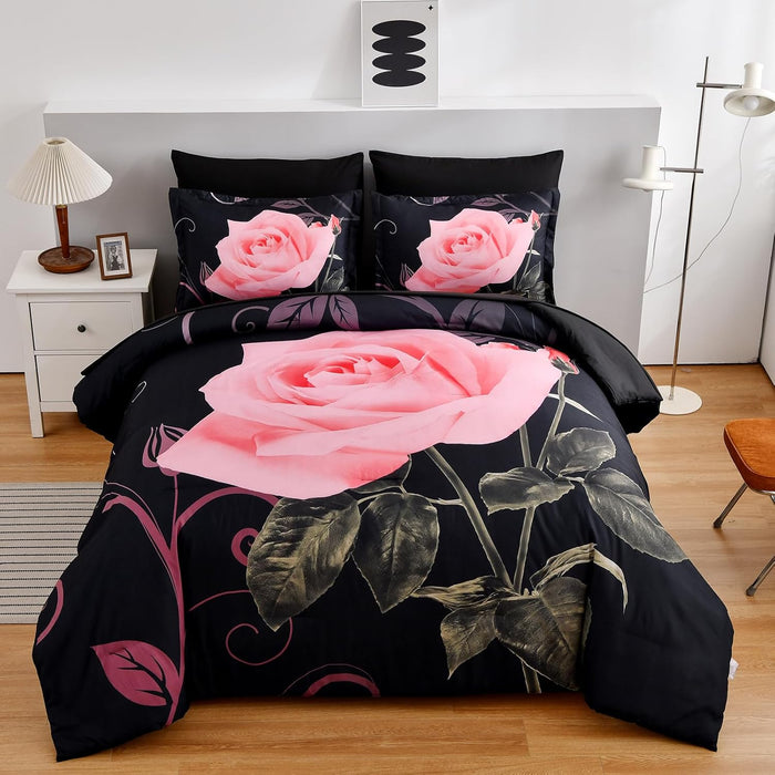 Xruibed Floral Comforter Set Queen 7 Piece Bed in a Bag Purple Rose Flower Comforter with Sheet Set Soft Micorfiber Bedding Set (1 Comforter,2 Pillow Shams,1 Flat Sheet,1 Fitted Sheet,2 Pillowcases)