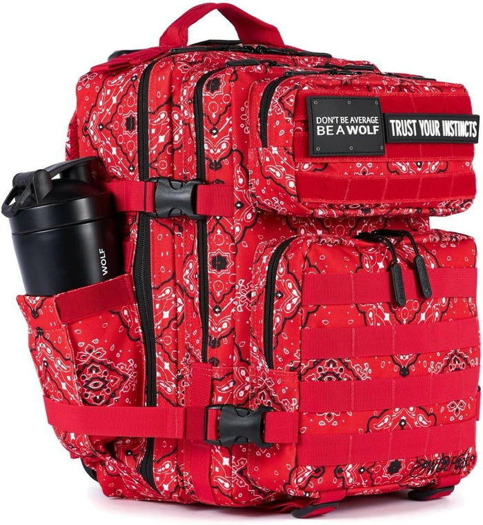 WOLFpak 25L Athletic Gym Backpack - Durable 1000D Waterproof Oxford Material with MOLLE Webbing, Laptop Pocket & Dual Cup Holders, Durable Fitness/Travel/Military Daypack (Red Bandana)