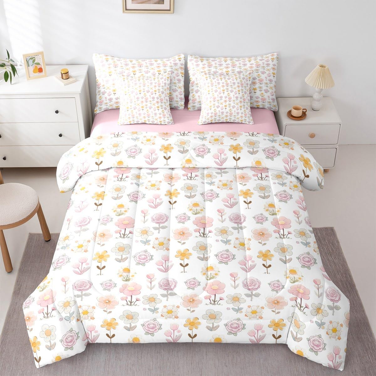 Feelyou Cute Flower 7 Piece Bedding Set Twin Size Kids Cartoon Cute Floral Bed in a Bag for Kids Girls Teens Toddler Yellow Pink Comforter Set with Sheets Kawaii Bed Set