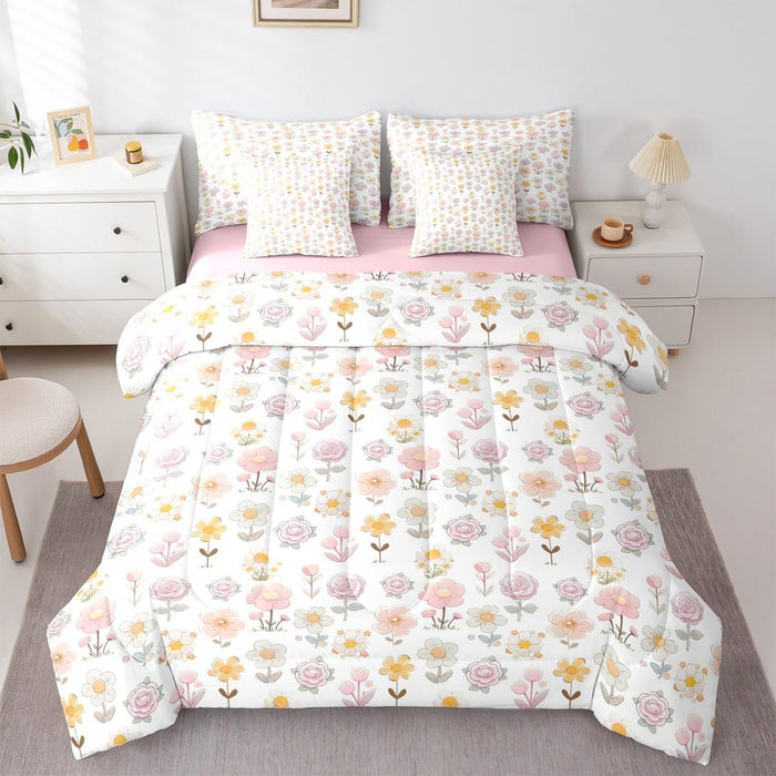 Feelyou Cute Flower 7 Piece Bedding Set Twin Size Kids Cartoon Cute Floral Bed in a Bag for Kids Girls Teens Toddler Yellow Pink Comforter Set with Sheets Kawaii Bed Set