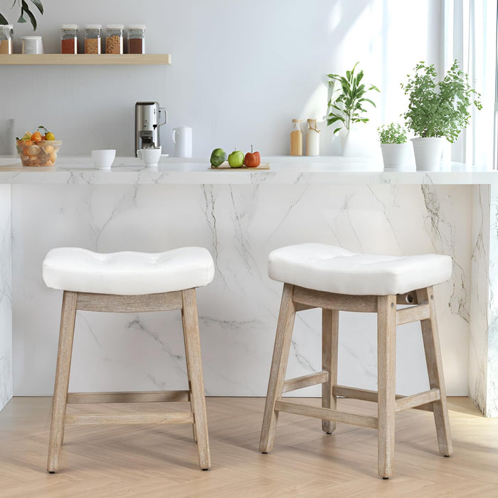 Counter Height Bar Stools Set of 3 for Kitchen Counter Farmhouse Modern Barstools with Faux Leather Upholstered Backless Seat and Solid Wood Legs 24 inch Bar Chairs, Grey + White