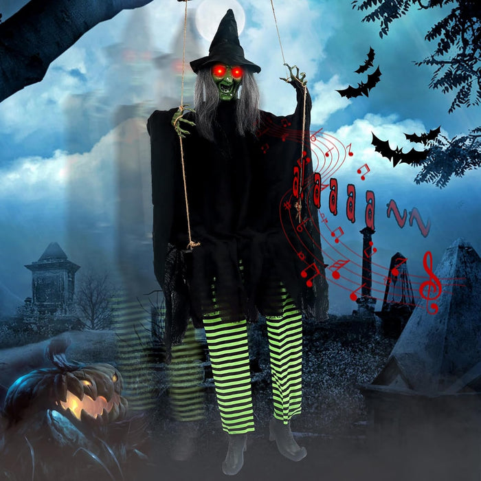 Scary Halloween Decorations Outdoor, Halloween Hanging Swinging Doll Girl with Sound & Slap Activated, Light Up Eyes Creepy Sound Expressions, Large Scary Halloween Decor Props for Indoor Outside