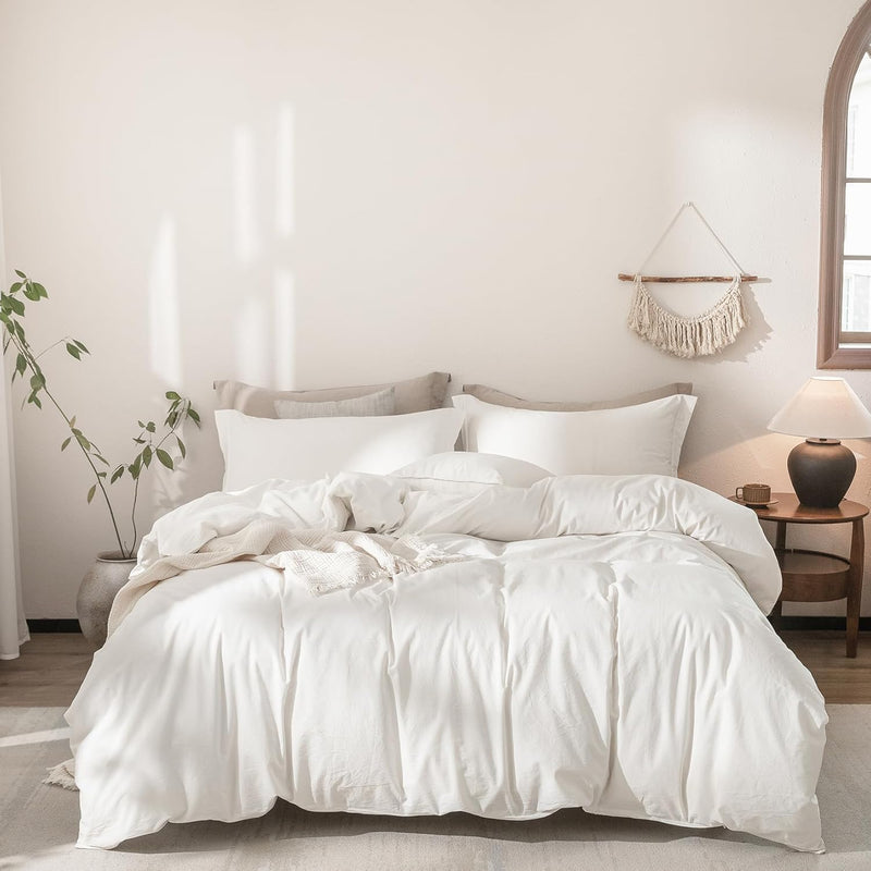 Stripe Duvet Cover Super King Plus Size 120inch x 120inch, 100% Washed Cotton Linen Feel Duvet Cover with Zipper Closure and 2 Pillowcases, Color of White-Dark Grey Stripe