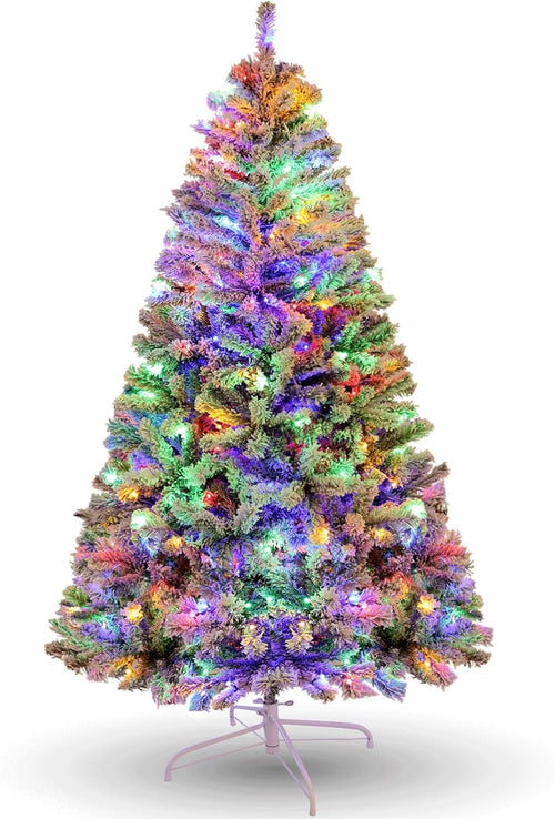 6 FT Green Spruce Pre-lit Artificial Christmas Tree with Multicolor Lights, 6ft Holiday Tree for Home Party Decoration, 956 PVC Full Branches, 300 Lights, Metal Hinges & Foldable Base