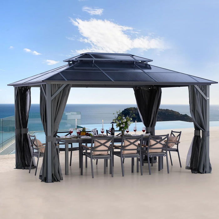 LeDoasis 10' X 13' Permanent Hardtop Gazebo, Outdoor Polycarbonate Double Roof Canopy with Breathable Netting & Privacy Curtain for Patio Backyard Garden Lawn Party