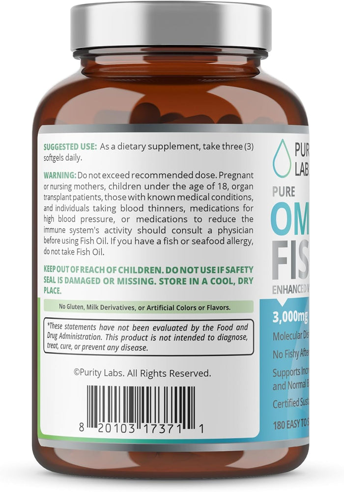 Purity Labs Omega 3 Fish Oil 3000mg – DHA & EPA Omega 3 Fatty Acid Supplements to Support Heart and Brain Health - Immune Support Supplement - 180 Softgels (60 Servings)