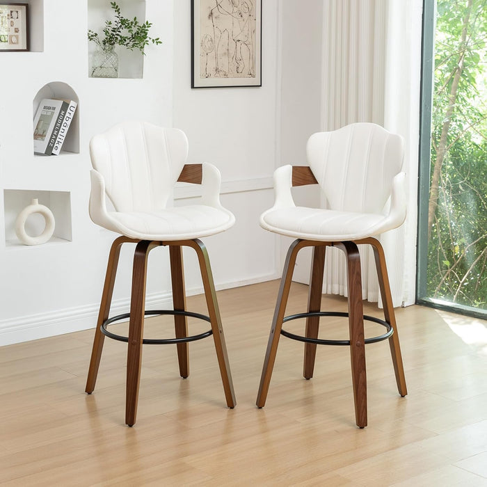 30" Swivel Bar Stools Set of 2,Mid Century Modern Bar Height Bar Stools,Black Upholstered Faux Leather Kitchen Stools with Arms and Fishtail-Shaped Back,Walnut Wood Frame Home Bar Chairs