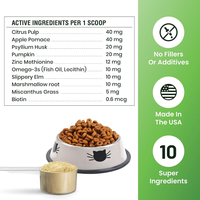 Hairball Support for Cats - 10 Super Ingredients for Hairball Relief, Digestive Support & Healthy Skin - No Fillers - Psyllium, Pumpkin, Omega-3s & More - 120 Scoops