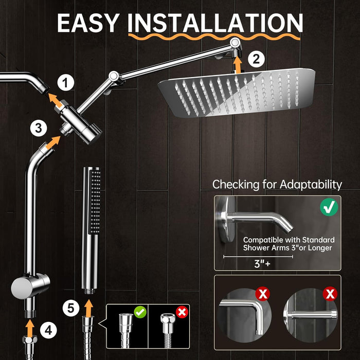 Veken 10" Luxurious All Metal Rain Shower Head with Handheld, High Pressure Rainfall Shower Heads wih Extension Arm, Wide Dual Showerhead with Spray Combo, Bathroom Accessories, Chrome, Silver