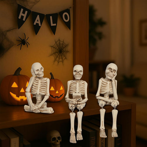 3 Pieces Halloween Skeleton Statue Halloween Skull Figurine Home Decor Reading Skeleton Figurines Decorations for Indoor Fireplace Home Kitchen Desk Office Party