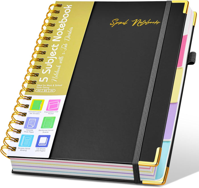 Hardcover Spiral Notebooks for Work, 5 Subject Notebook College Ruled with Dividers Tabs, Lined Organizer Notebook Journal for Women, 8"x10" Large B5 Notebooks for School Note Taking, 240 Pages Green