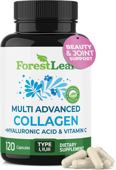 ForestLeaf Multi Collagen Pills with Hyaluronic Acid + Vitamin C | Hydrolyzed Collagen Supplements for Women or Men | Multi Collagen Capsules Peptides for Skin, Wrinkles, 120 Caps