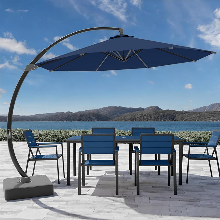7-Piece Patio Dining Set with 11 FT Curvy Cantilever Umbrella, HDPE Tabletop & Aluminum Frame All-Weather Outdoor Furniture for Garden, Backyard, Poolside, Navy