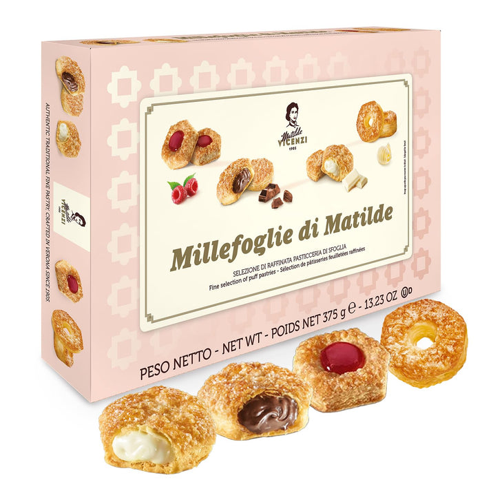 Matilde Vicenzi Millefoglie D'Italia Fine Selection of Italian Pastries - Gourmet Gifts For Thanksgiving, Christmas - Assortment of Vanilla, Apricot, Chocolate, & Raspberry Cookies - 13.76 oz (390g)