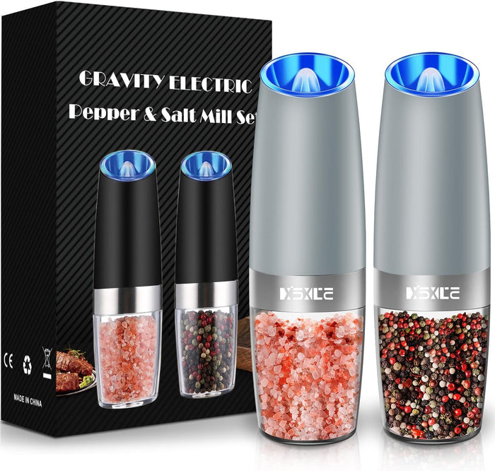 XinXu Gravity Electric Pepper and Salt Grinder Set, Adjustable Coarseness, Battery Powered with LED Light, One Hand Automatic Operation, Stainless Steel -Copper, 2 Pack
