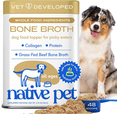 Native Pet Bone Broth for Dogs - Made with Real Beef Bone Broth, Dog Food Toppers for Picky Eaters - Provides Extra Hydration & Nutrition for Joint Strength, Immunity & Heart Health-48 Scoops