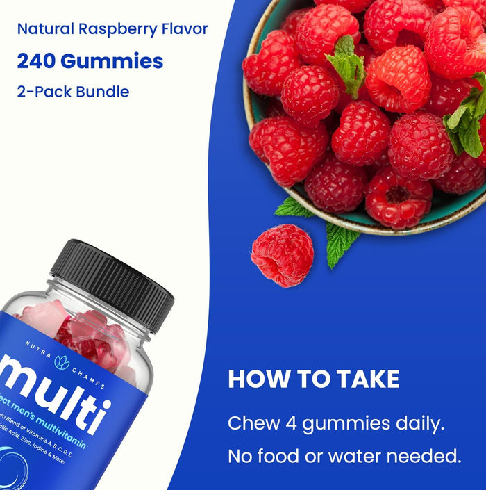 NutraChamps Multivitamin for Men, 240 Count, Vitamins A, B, C, D, E, Biotin, Zinc, Mens Gummy Multivitamins Supplement, Chewable Daily Multi Gummy Vitamins for Men (Pack of 2)