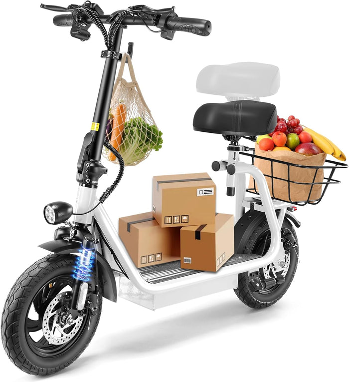 Caroma Peak 1200W/800W/500W Electric Scooter with Seat,14"/12" Fat Tire, Up to 30Miles and 20MPH Electric Scooter Adults&Teens, Adjustable E-Scooter with Shock Absorbtion and Basket