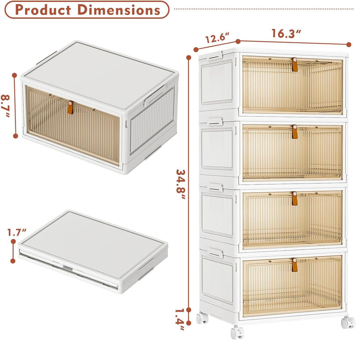 4 Tier Stackable Storage Bins with Lids, 28Qt Plastic Storage Containers with Magnetic Doors & Wheels, Convenient Storage Bins Closet Organizers, Household Organization for Home, Party, Office, Dorm