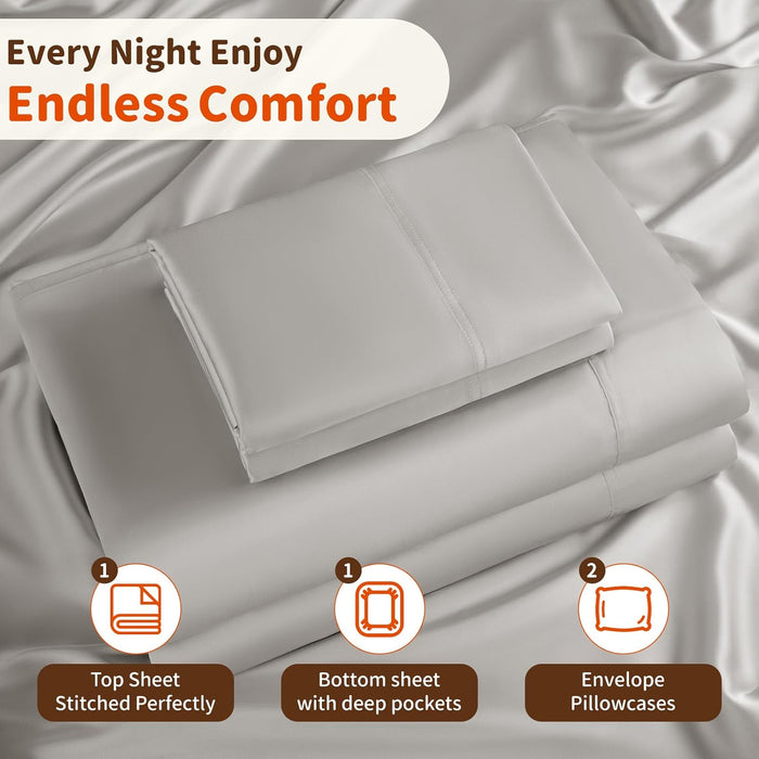 LBRO2M 100% Mulberry Silk Satin Sheets Set King Size Silk Fitted Sheet16 Deep Pocket Cool Bedding Sheet 4 Piece Wrinkle Resistant (King, Gray)