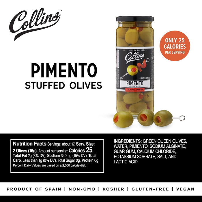 Collins Colossal Martini Pimento Olives | Premium Garnish for Cocktails, Martinis, and Salads, Snack Trays, Charcuterie, Cheese Plates, Condiment Olives 10oz