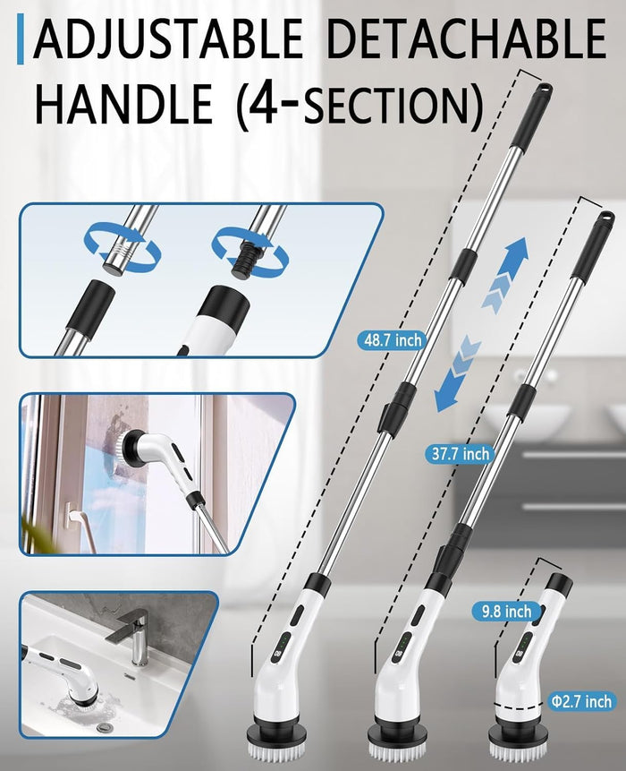 Electric Spin Scrubber Cordless - 3 Speed Rechargeable, Adjustable & Detachable Handle, 9 in 1 Brush Heads Power Scrub Brushes for Cleaning Supplies Shower Bathroom Tub Kitchen Tile Floor