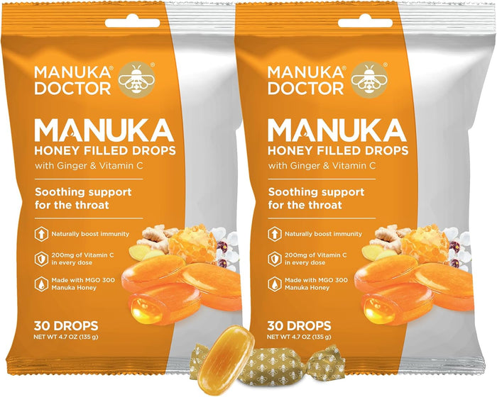Manuka Doctor Cough Drops, Manuka Middles, 30 Drops (Pack of 1) Bag Throat Lozenges Infused with Raw Manuka Honey, Vitamin C & Ginger for Immune Support, Helps Soothe Sore Throat