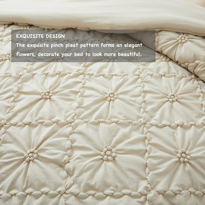 BEDAZZLED Queen Size Comforter Sets, Beige Bedding Comforter Set, 3 Pieces Pinch Pleat Bedding Sets with Comforter and Pillowcases Soft Farmhouse Shabby Chic Comforter for All Season