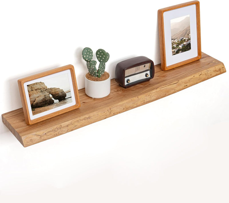 Floating Shelves for Wall Decor, Rustic Solid Elm Wood Live Edge Floating Shelves Wall Mounted, Wall Shelves with Invisible Bracket for Living Room Bathroom Bedroom Kitchen, 48 Inch, Walnut
