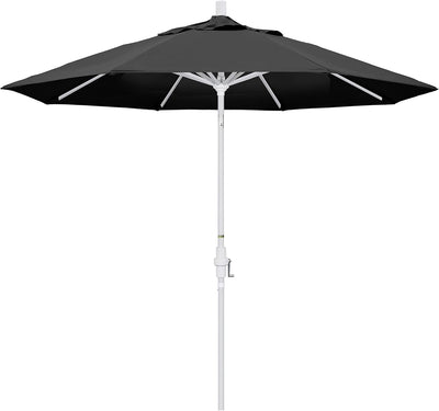 California Umbrella 9' Round Aluminum Market Umbrella, Crank Lift, Collar Tilt, White Pole, Black Olefin
