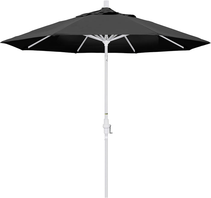 California Umbrella 9' Round Aluminum Market Umbrella, Crank Lift, Collar Tilt, White Pole, Black Olefin