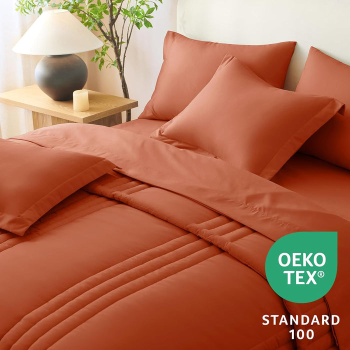 CozyLux Queen Comforter Set - 7 Pieces Bed in a Bag Terracotta Comforters Queen Size Bed Set, Soft Burnt Orange Bedding Set with All Seasons Comforter, Sheets, Pillowcases & Shams