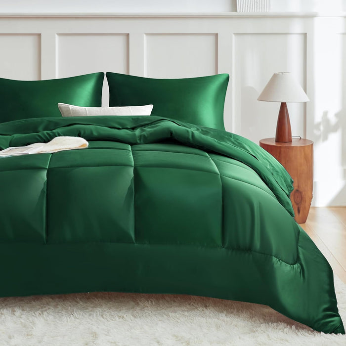 MR&HM King Size Comforter Set Black, Reversible Satin Microfiber Comforter Set for All Seasons, 3 Pieces Non-Slip Silky Soft Bedding Sets with 1 Comforter (104"x90") and 2 Pillowcases (20"x36")